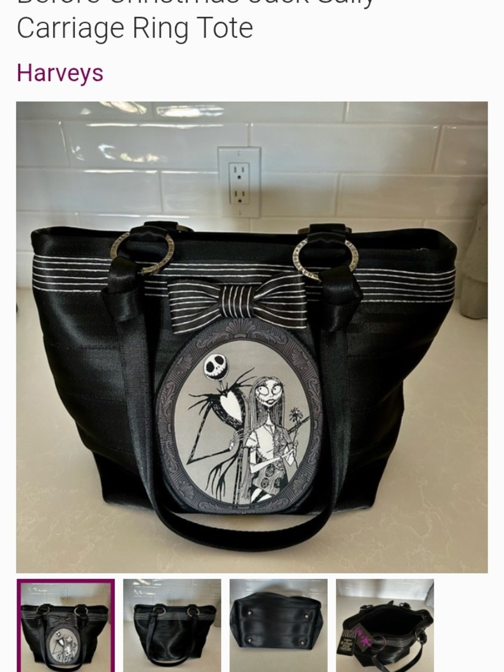 Harveys Black Nightmare Before Christmas Sally & Jack Tote with Striped Bow Trim